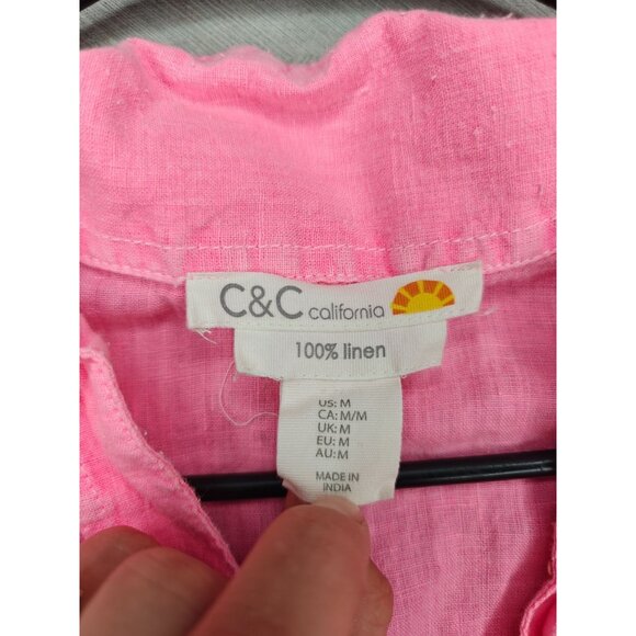 C&C California Women's Barbie Hot Pink 100% Linen Blouse Size Medium 3/4 Sleeve - Picture 2 of 7